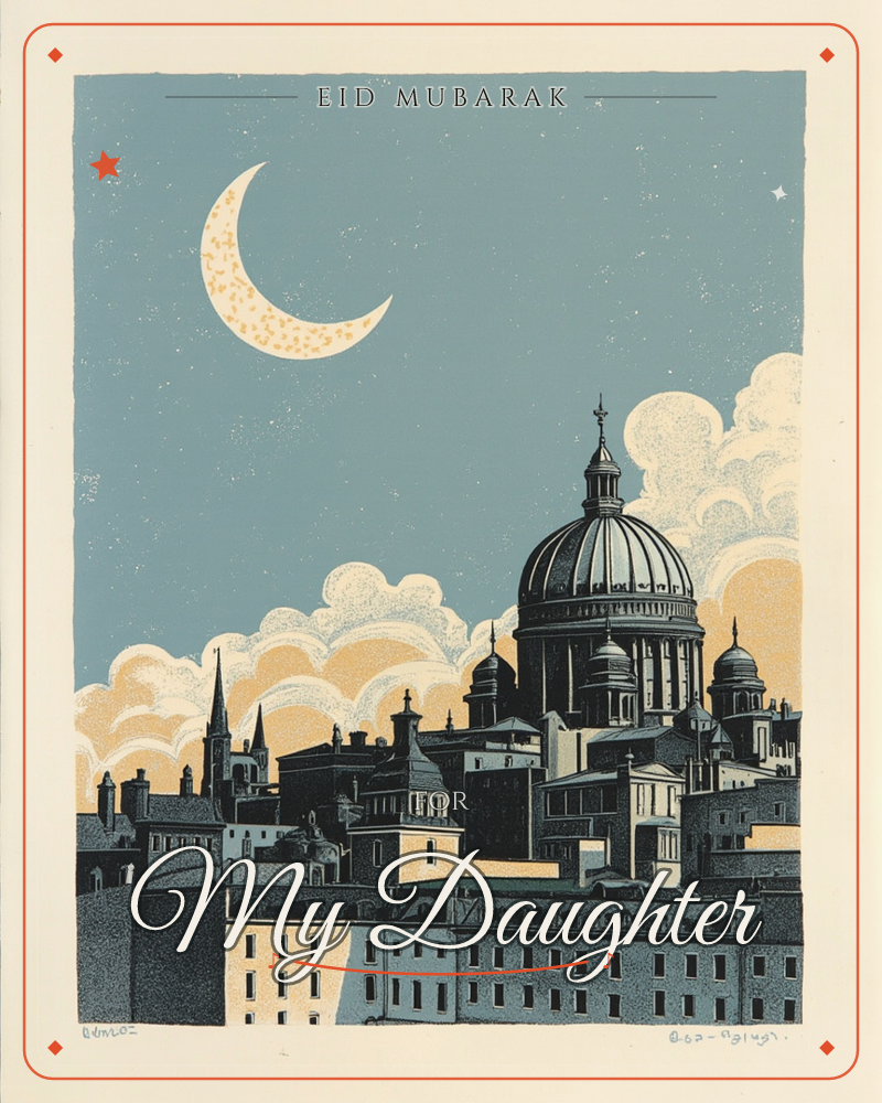 A stylised city skyline rises against a dusky blue sky, dominated by a domed cathedral and a scattering of spires and rooftops, a eid e-card design