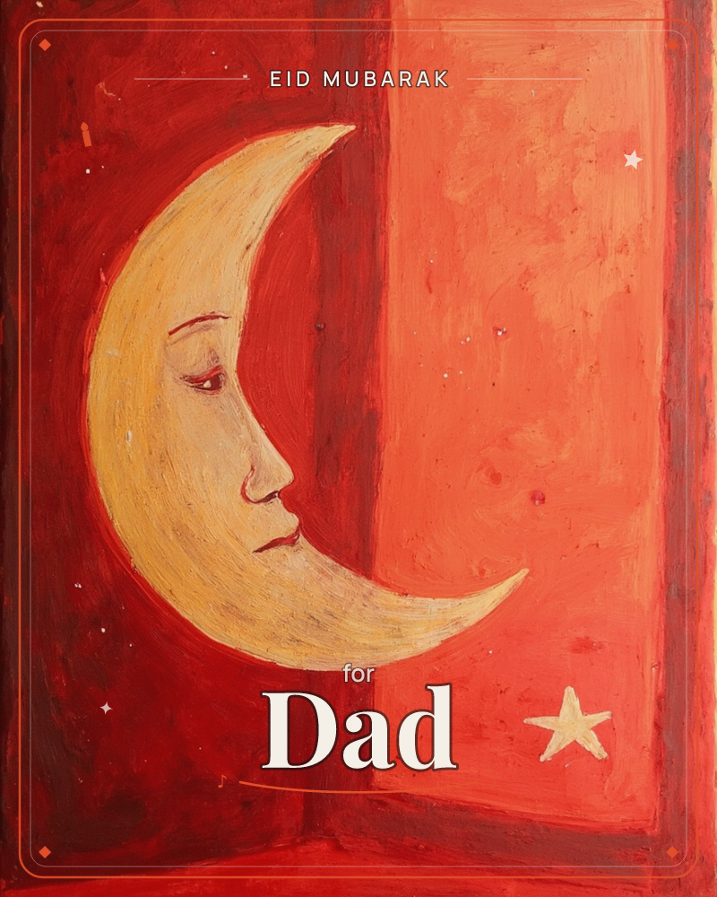 A crescent moon with a gentle sleeping face fills the left side of the canvas, painted in soft cream and gold against two blocks of red and coral, a eid e-card design