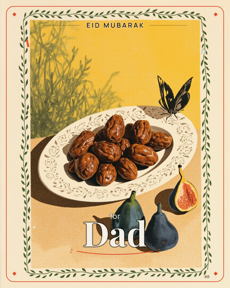 A patterned white oval plate is piled high with glossy dried dates, set on a warm mustard-yellow backdrop with a leafy plant shadow cast behind it, a eid e-card design