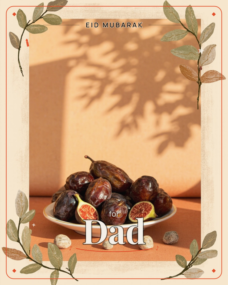 A white plate piled with dried dates and two figs sliced open to their pink centres sits against a warm terracotta wall, dappled with the leafy shadow…, a eid e-card design