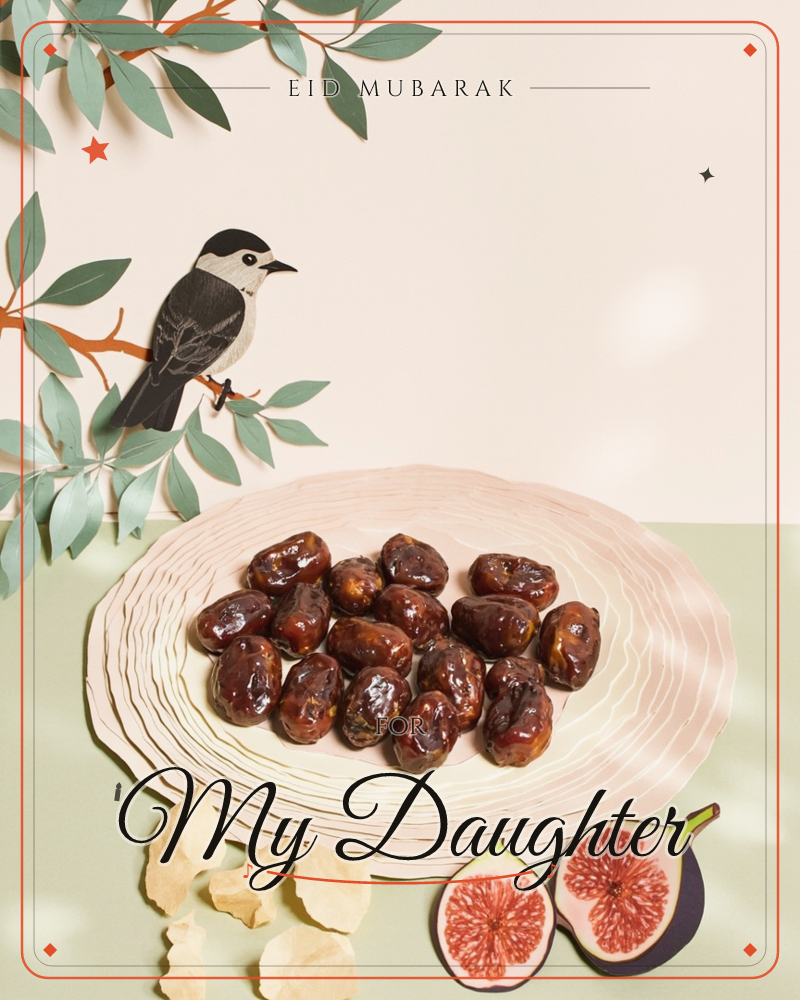 A paper-craft chickadee perches on a leafy branch above a plate piled with glossy dates, set against a soft cream backdrop and sage tabletop, a eid e-card design