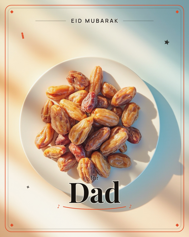 A white plate piled with glossy dried dates sits under bright, raking sunlight that throws long striped shadows across the table, a eid e-card design