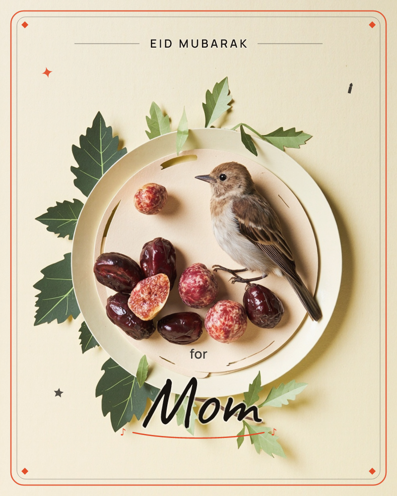 A small brown sparrow perches on a cream-colored circular plate alongside dark red dates and speckled figs, all arranged against paper-cut oak leaves…, a eid e-card design