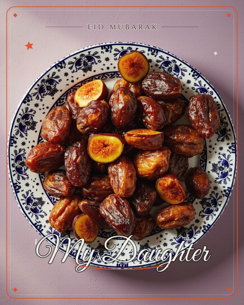 A blue-and-white patterned plate is piled high with glossy dates and a few halved figs, their pink-gold centres catching the light, a eid e-card design