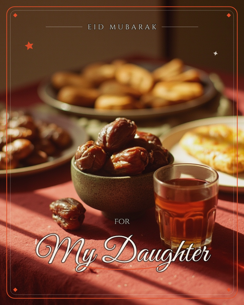 A red cloth table is scattered with plates of dates, pastries, and a small glass of dark tea, all lit by warm bands of afternoon sun cutting across the…, a eid e-card design