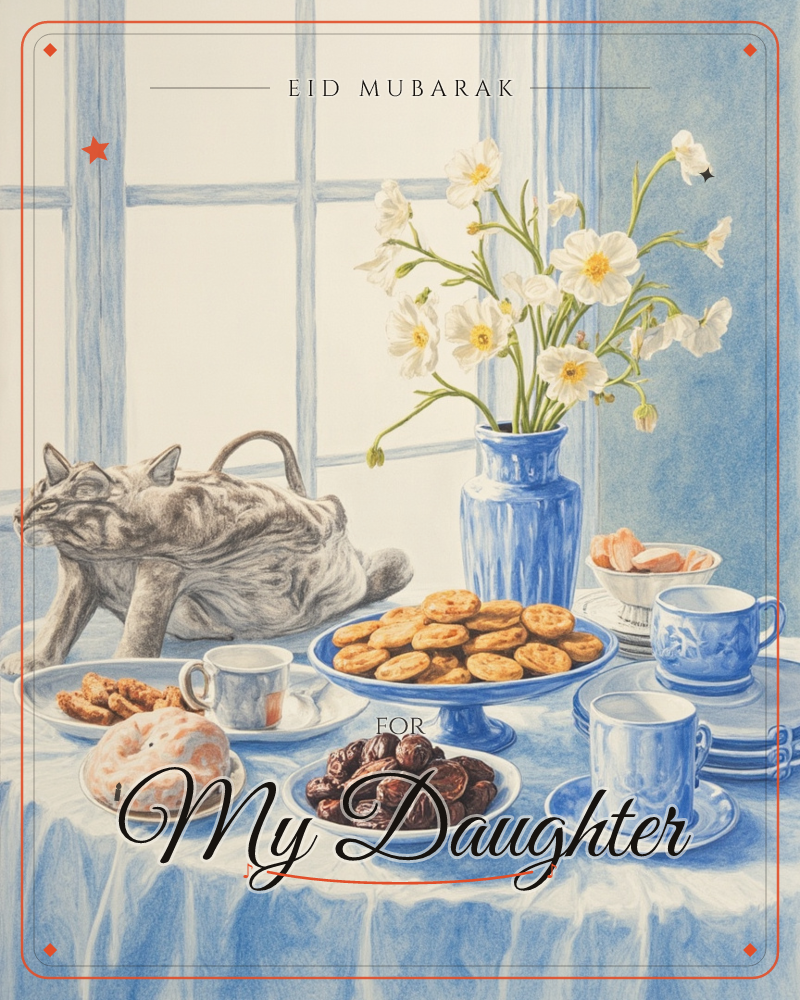 A table draped in blue-and-white linen sits before a paned window, laid with teacups, plates of pastries, dates and biscuits, and a tall blue vase of…, a eid e-card design