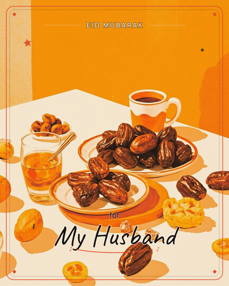 A sunlit tabletop scene bathed in orange, with plates piled high with glossy dates, a striped mug of coffee, a small glass of honey, and scattered…, a eid e-card design