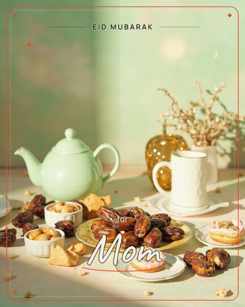 A sunlit table is set with a mint-green teapot, a textured white mug, and small bowls of dates and golden nuts scattered across a pale pink cloth, a eid e-card design