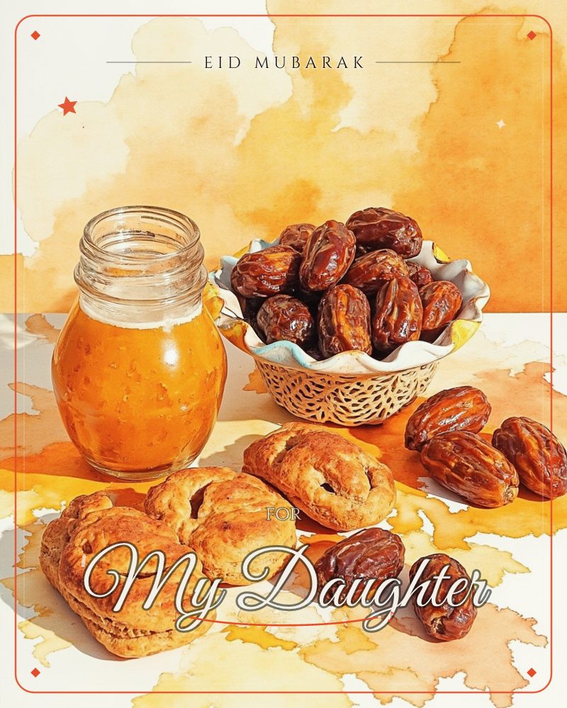 A jar of golden honey sits beside a woven basket piled with glossy dates and a stack of freshly baked pastries, all arranged on a white surface…, a eid e-card design