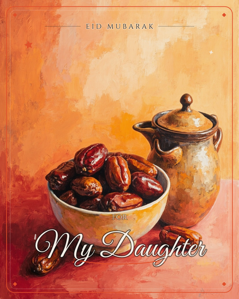 A painted still life shows a cream bowl heaped with glossy dates beside a squat clay teapot, set against a warm terracotta and amber backdrop, a eid e-card design