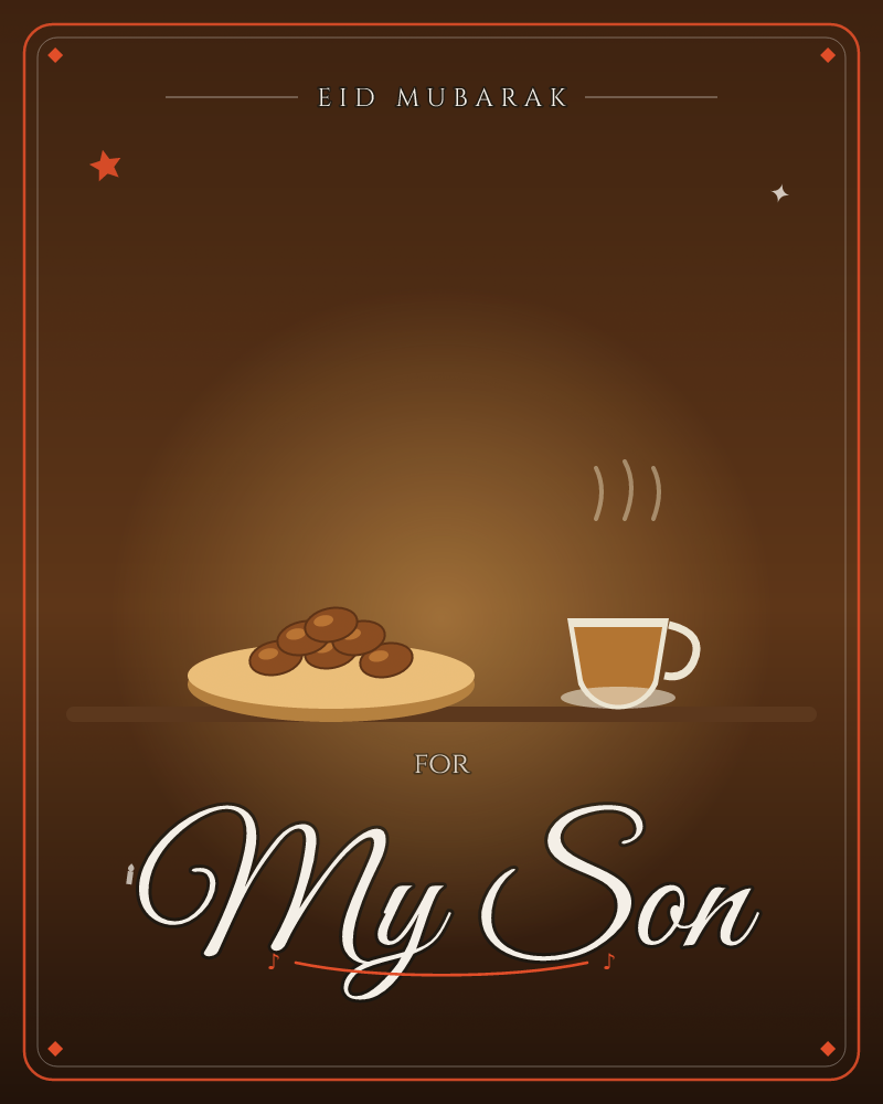 A plate of dates beside a glass of steaming tea on a low table, lit warm and gold against a dark room, a eid e-card design