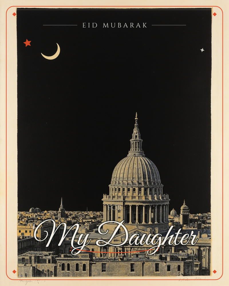 A domed cathedral rises above a rooftop skyline under a deep black night sky, with a thin crescent moon hanging alone in the upper corner, a eid e-card design