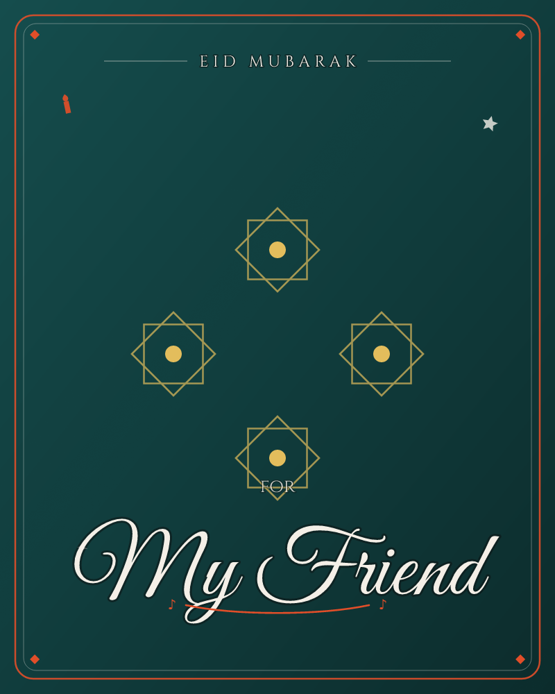 A deep teal background holds four matching gold emblems arranged like points on a compass, each made of an overlapping square and diamond outline with…, a eid e-card design by @DittyCityTeam