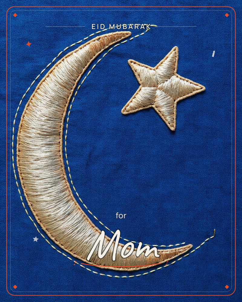 A crescent moon and five-pointed star are embroidered in dense cream and gold thread on a deep navy fabric background, with a fine dashed gold stitch…, a eid e-card design