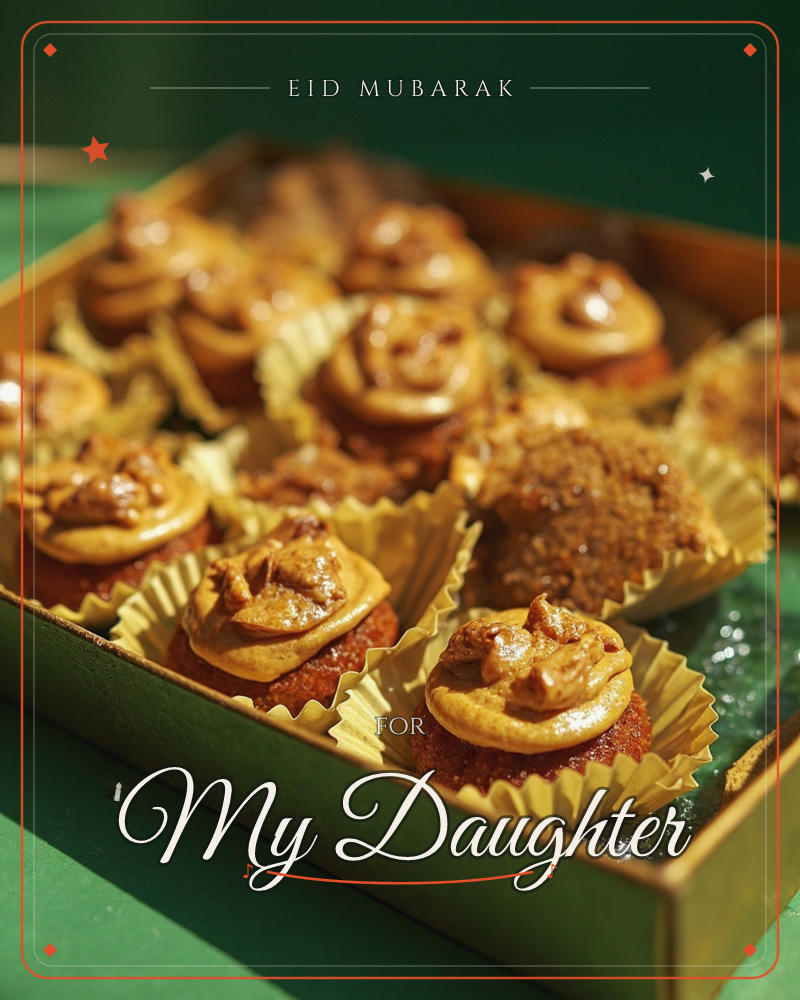 A gold box is packed tight with mini cupcakes in crinkled gold wrappers, each swirled with caramel-toned frosting and scattered with chopped nuts, a eid e-card design