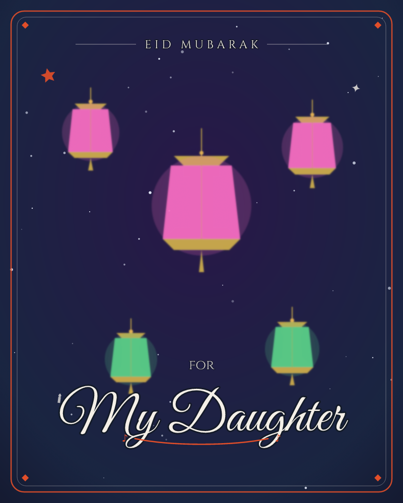 Five paper lanterns glow against a deep indigo night sky scattered with tiny stars, three in bright pink and two in jade green, each haloed by a soft…, a eid e-card design by @DittyCityTeam