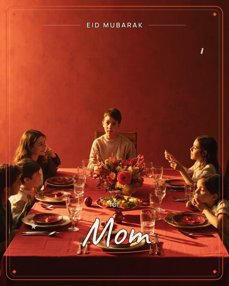 A family gathers around a long table draped in a deep red cloth, set with fine glassware, gold-rimmed plates and a low arrangement of pink and orange…, a eid e-card design