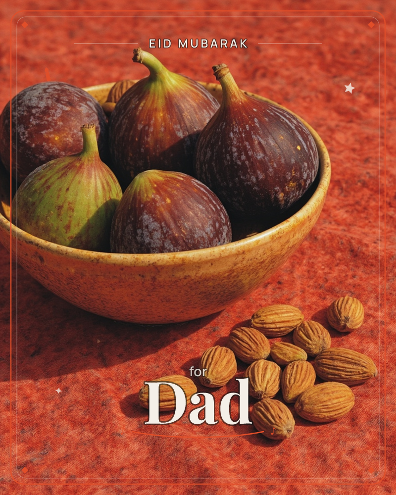 A ceramic bowl holds five ripe figs, their purple-brown skins dusted pale and stems still green, set against a richly textured burnt-orange cloth, a eid e-card design