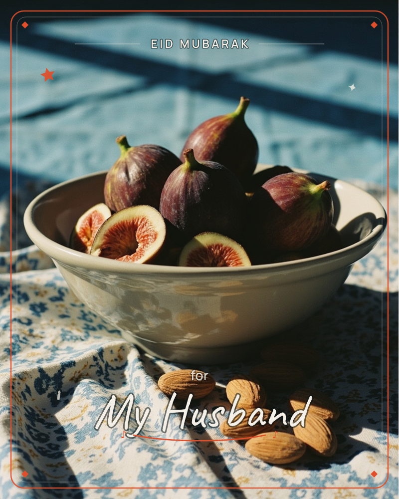 A ceramic bowl of ripe purple figs, one halved to show its pink-red flesh, sits on a floral cloth scattered with whole almonds, a eid e-card design