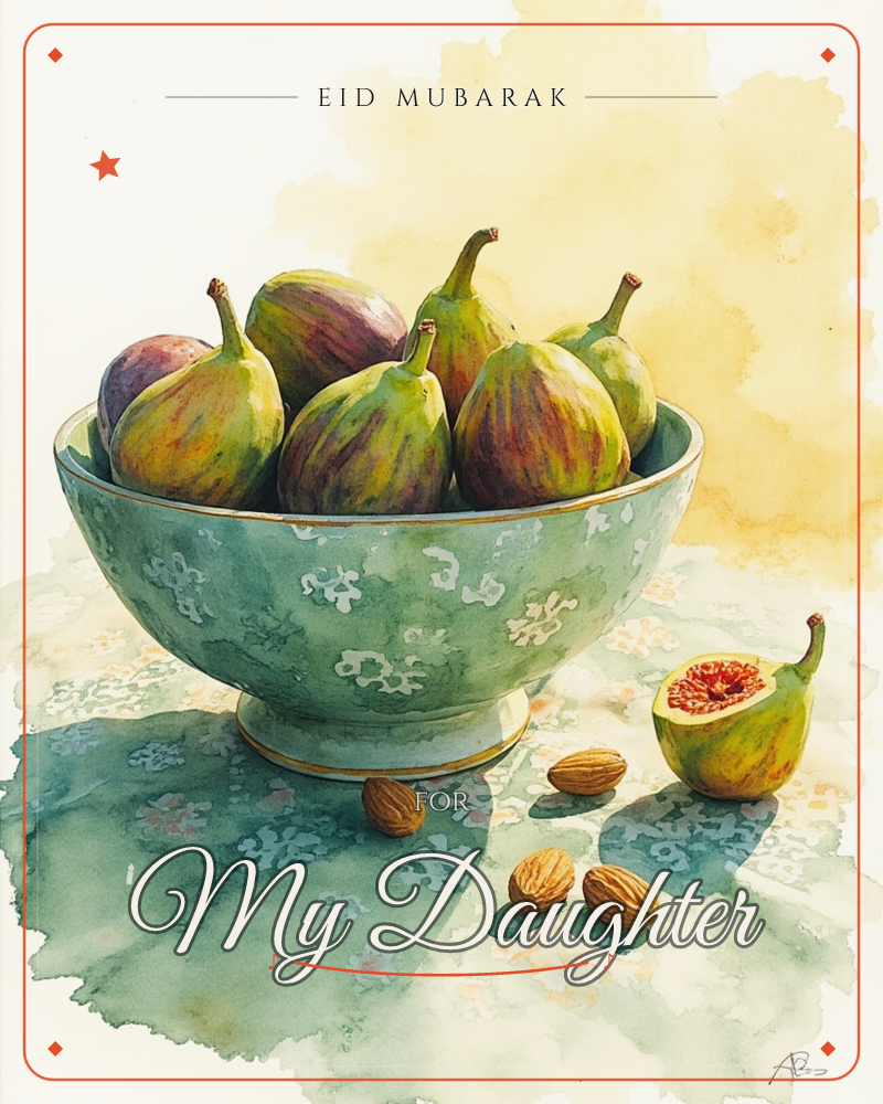 A patterned green-and-white bowl brims with plump purple-green figs, one sliced open to show its ruby-red flesh, with scattered almonds resting on a…, a eid e-card design
