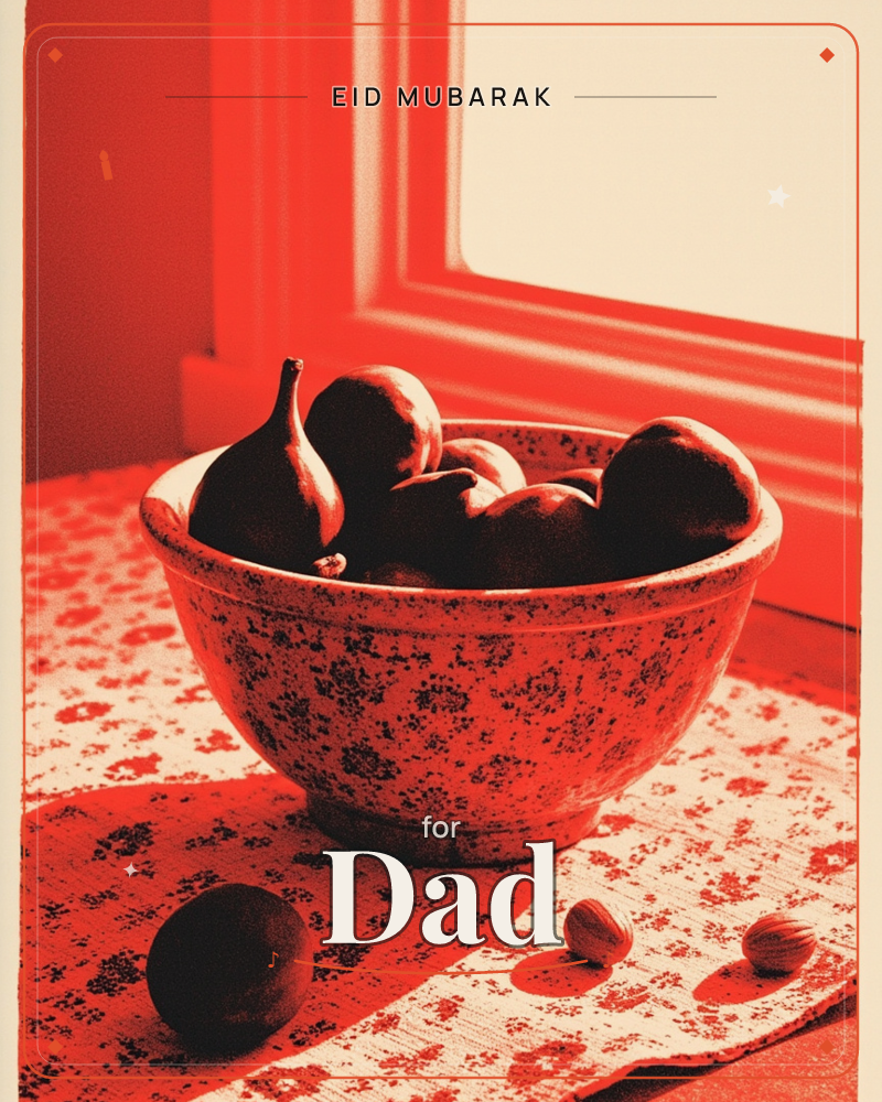 A speckled ceramic bowl heaped with figs sits on a floral cloth beside a sunlit windowsill, the whole scene washed in a bold monochrome red-orange tone, a eid e-card design