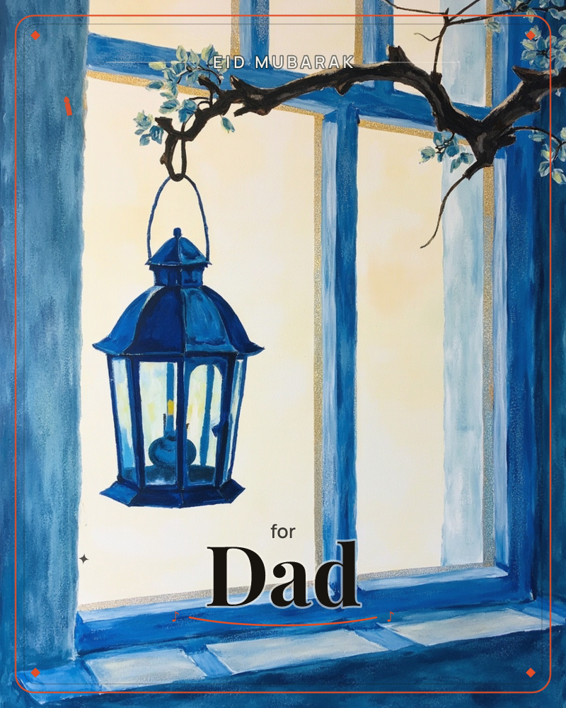 A navy-blue lantern hangs from a dark, budding branch that arcs across a paned window frame painted entirely in shades of blue, a eid e-card design