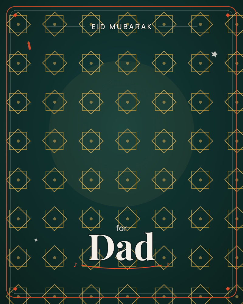 A deep forest-green background is covered edge to edge with a repeating grid of thin gold outlined squares overlapping circles, each with a small gold…, a eid e-card design by @DittyCityTeam