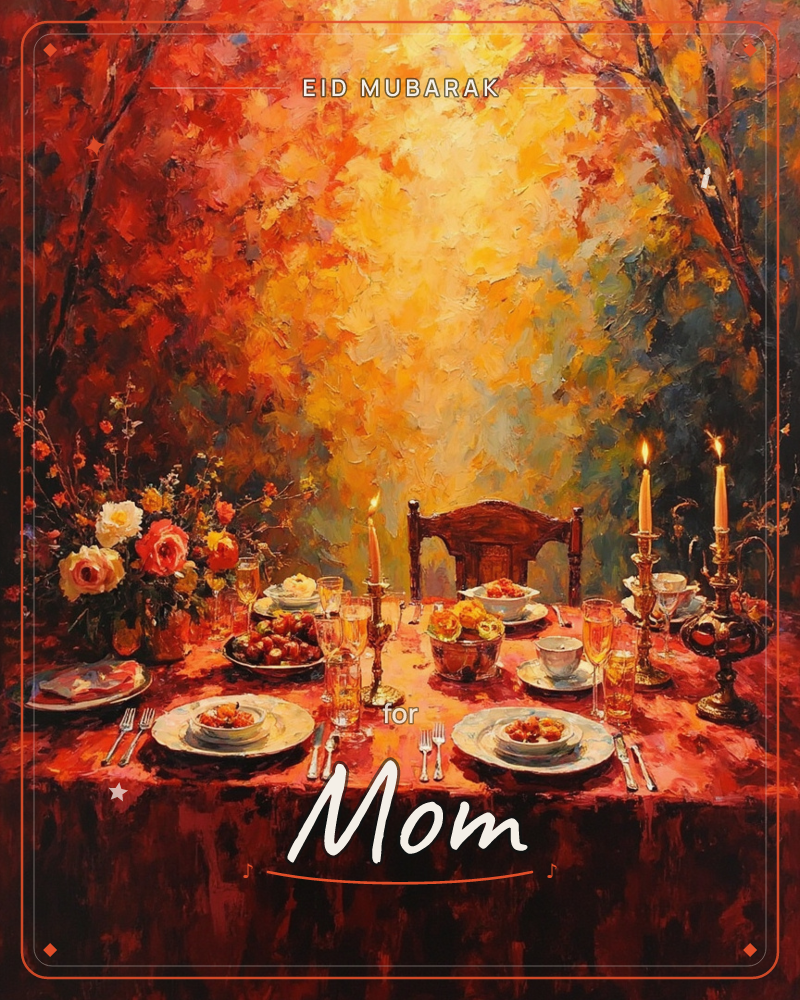 A candlelit table is set for a meal outdoors amid a blaze of autumn trees, with white china, glasses of wine, bowls of berries, and a vase of roses and…, a eid e-card design