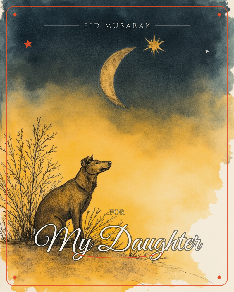 A lone dog sits atop a windswept hillside beside bare, scratchy shrubs, gazing up at a crescent moon and a single bright star, a eid e-card design