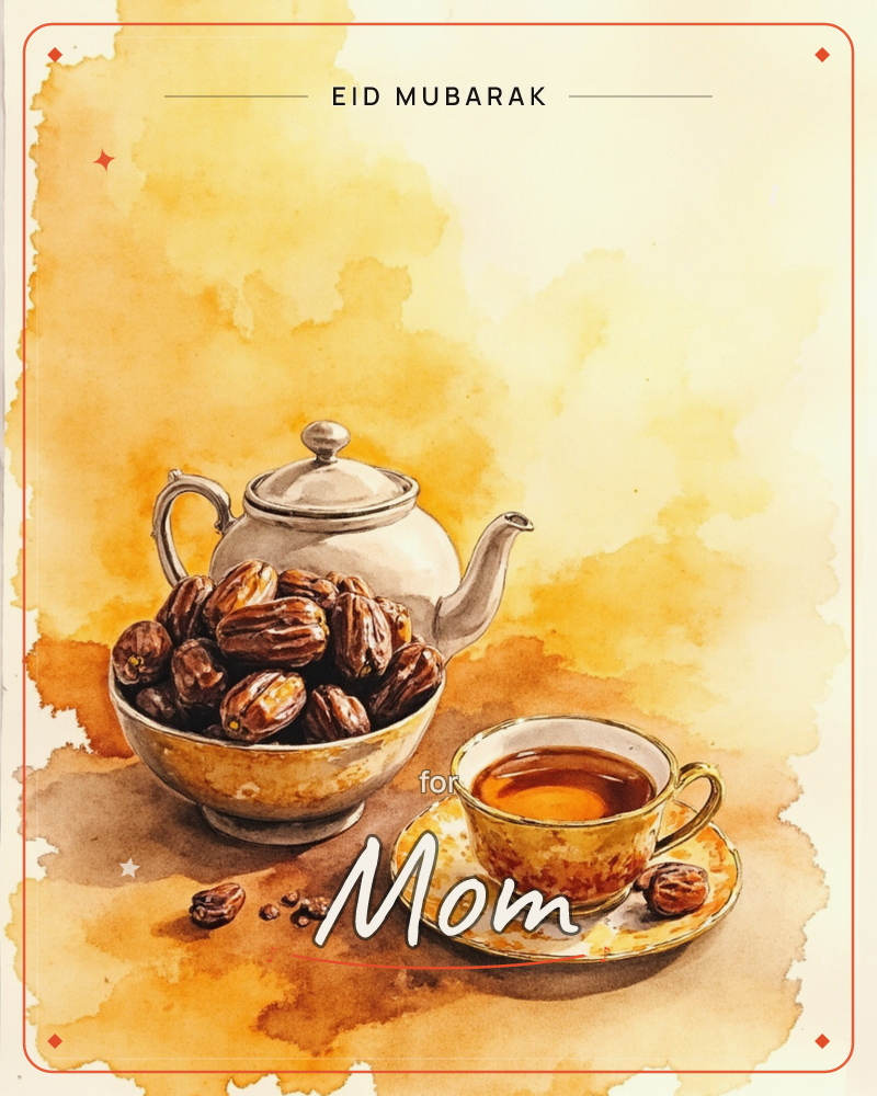 A watercolour still life shows a cream teapot behind a bowl heaped with dark striped nuts, alongside a gilded teacup filled with amber tea on a…, a eid e-card design