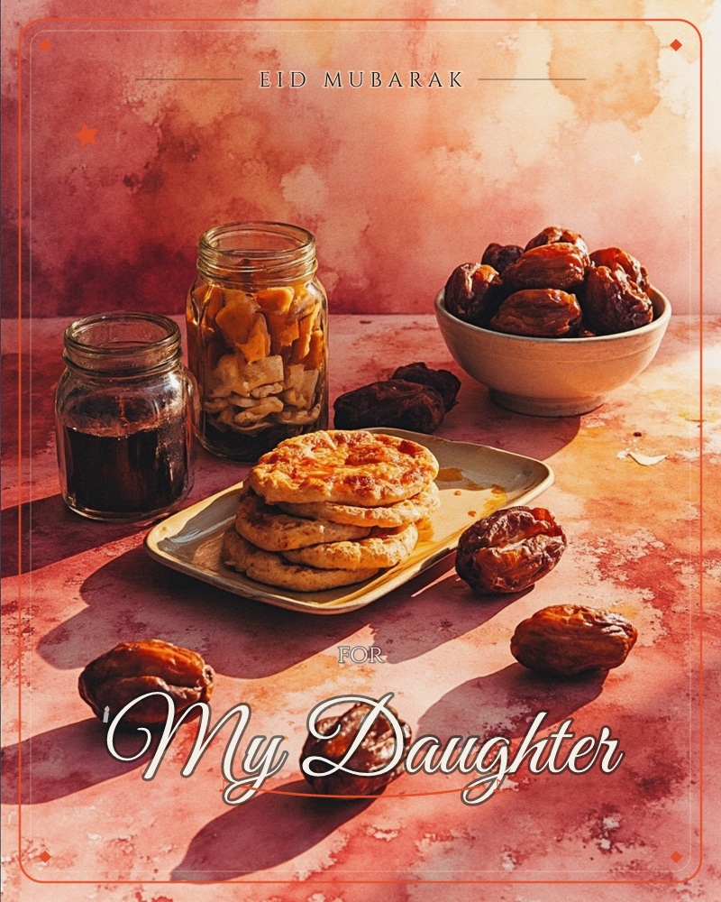 A warm still life of a table scattered with dates, small stacked flatbreads glazed with syrup, and jars of preserves and dark syrup, all lit by golden…, a eid e-card design