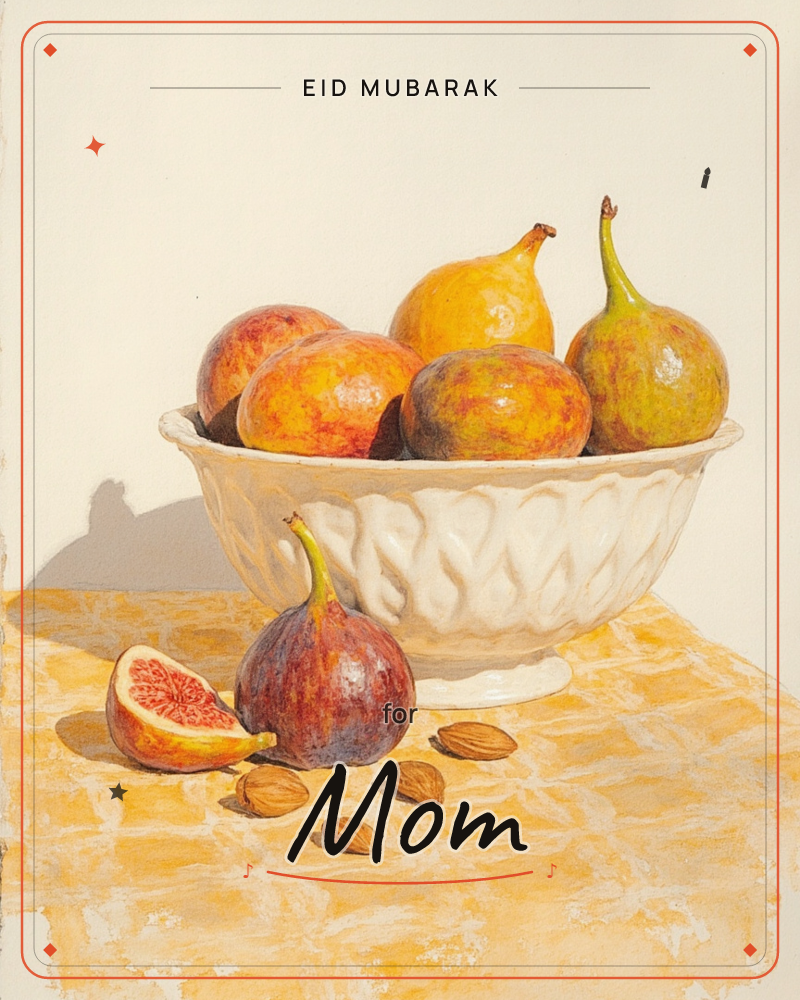 A woven white bowl sits piled high with ripe figs in shades of gold, rose and green, their skins catching a warm, direct light against a plain cream wall, a eid e-card design