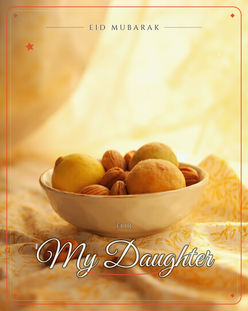 A cream ceramic bowl holds a lemon, apricots and a scatter of whole almonds, set on a golden patterned cloth bathed in warm, soft light, a eid e-card design