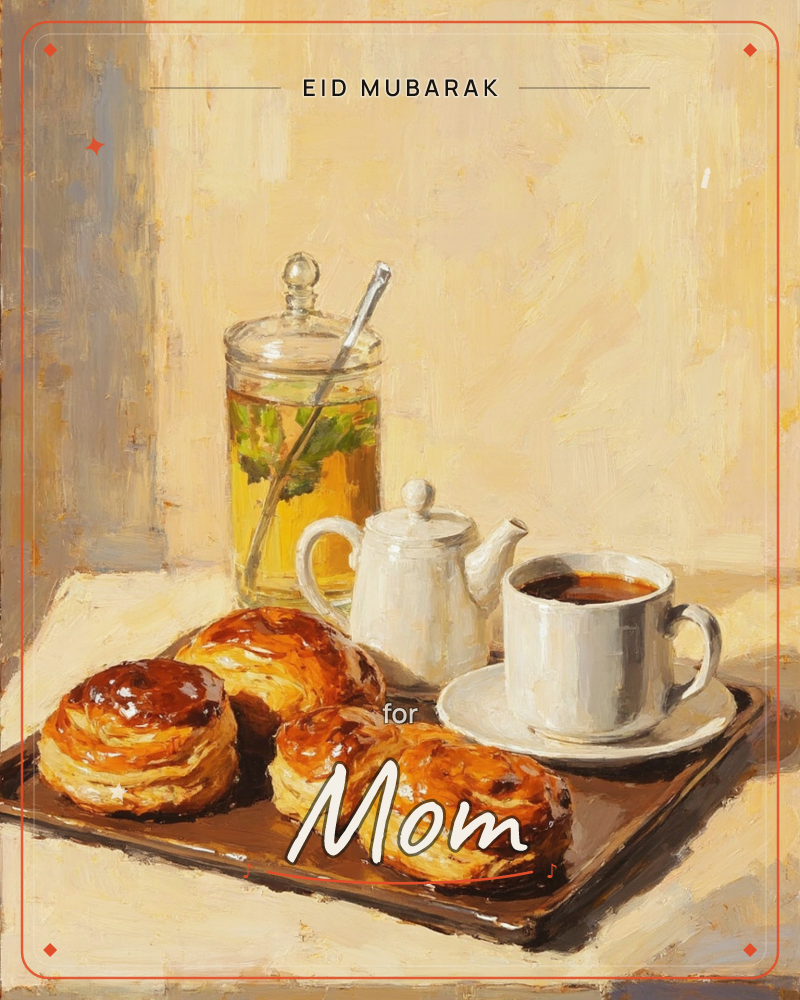 A warm still life shows a tray of glossy, golden pastries beside a white teapot and a full cup of coffee on its saucer, with a glass jar of honeyed tea…, a eid e-card design