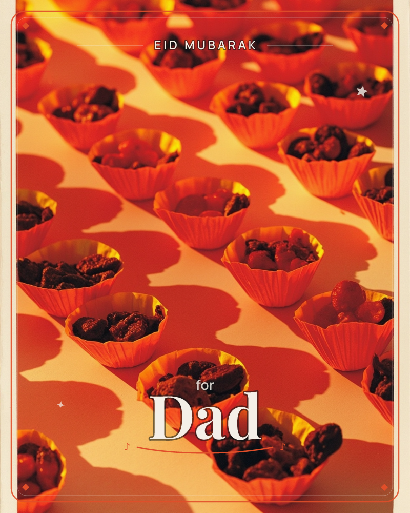 Rows of small fluted paper cups, each filled with dried fruit and nuts, are lit by warm golden light that casts long, sharp shadows across a pale surface, a eid e-card design