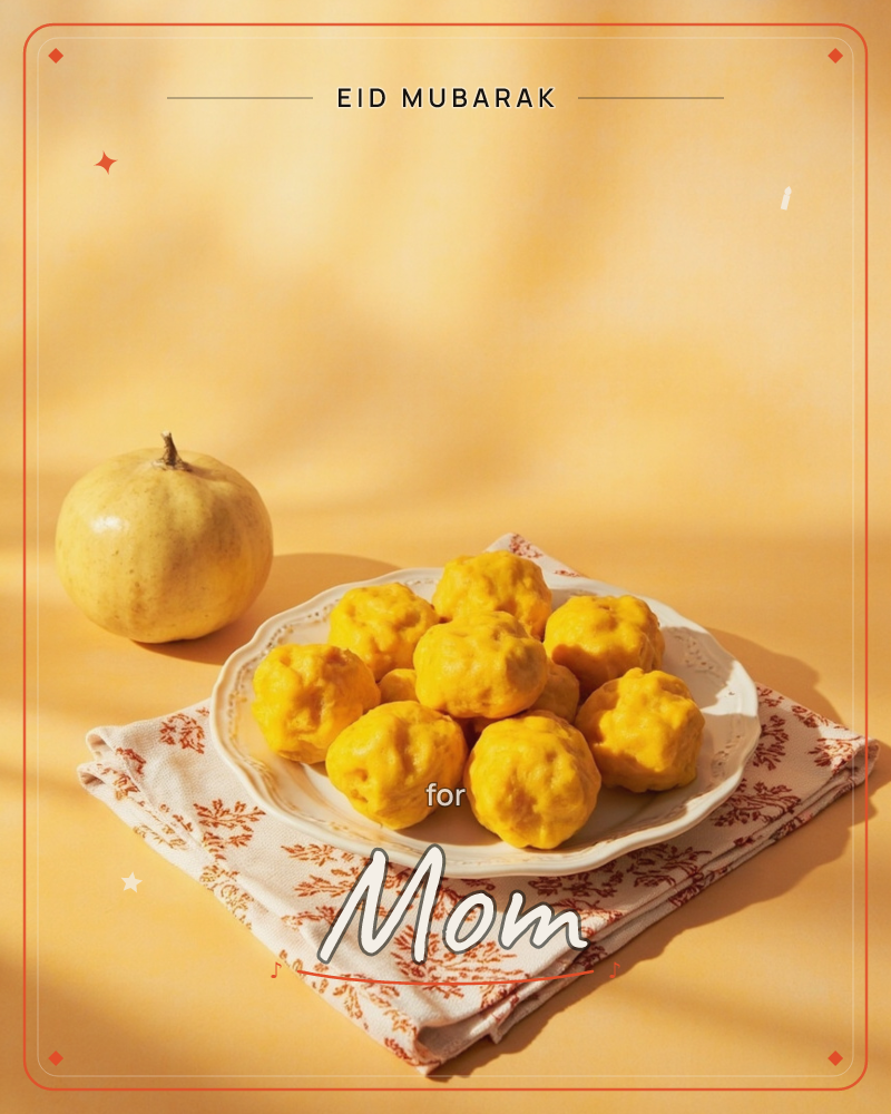 A plate of golden, ruffled dumplings sits on a floral printed cloth, with a single pale quince resting beside it on a warm mustard-yellow backdrop, a eid e-card design