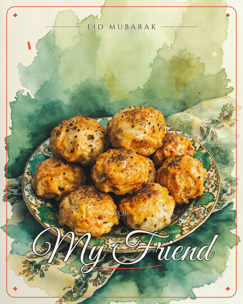 A watercolour still life of golden, poppy-seed-flecked savoury pastries piled high on a green-and-white patterned plate, set against a loose wash of…, a eid e-card design