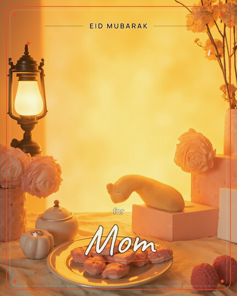 A warmly lit tabletop scene glows in amber light, with a small vintage lantern beside pale roses, a plate of mooncakes, lychees, and a curled ceramic…, a eid e-card design