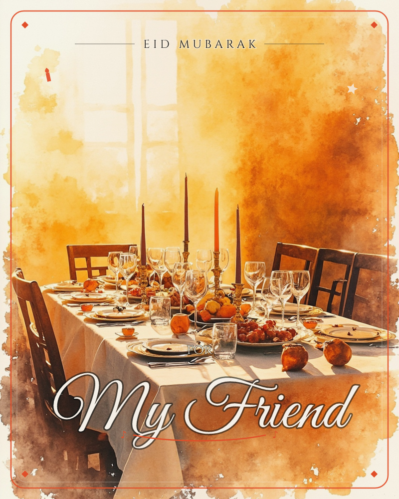 A long dining table is set for a festive gathering, dressed in white linen with tall taper candles, gleaming wine glasses, and bowls of pomegranates…, a eid e-card design