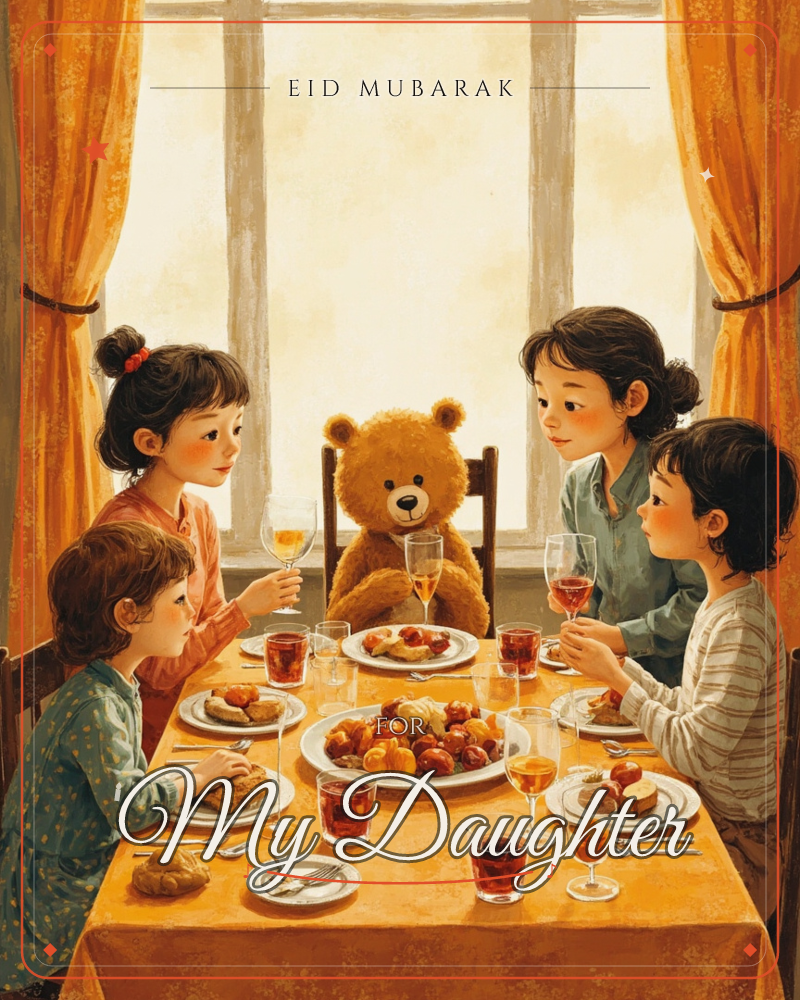 Four children sit at a table set for a feast, gathered around a large teddy bear propped up in its own chair as an honoured guest, a eid e-card design
