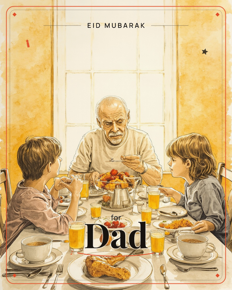 An older man sits at a sunlit table between two children, sharing a meal of fried chicken, tomatoes, and juice under a bright window, a eid e-card design