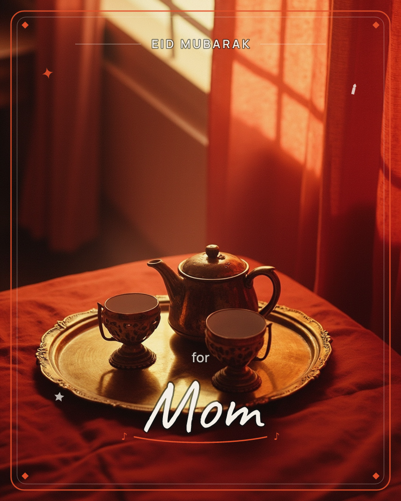 A brass tray holds a small teapot and two footed cups, set on a red cloth beside a sunlit window with sheer red curtains, a eid e-card design