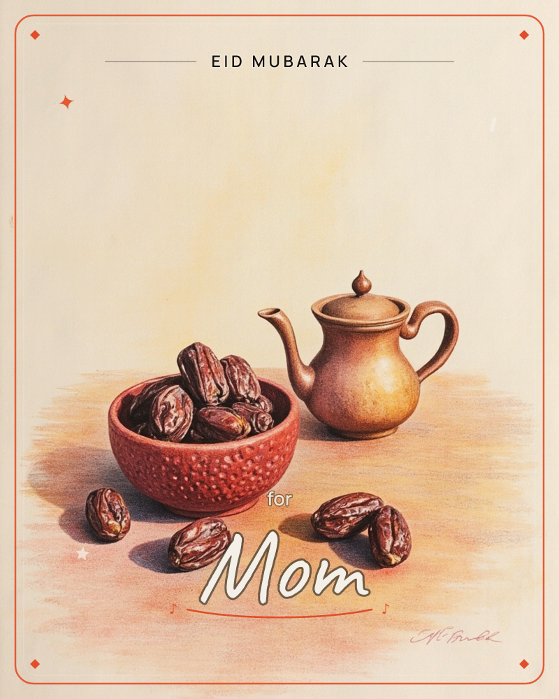 A warm still-life drawing shows a small red bowl heaped with glossy dates beside a brass-toned teapot with a curved spout, a few loose dates scattered…, a eid e-card design