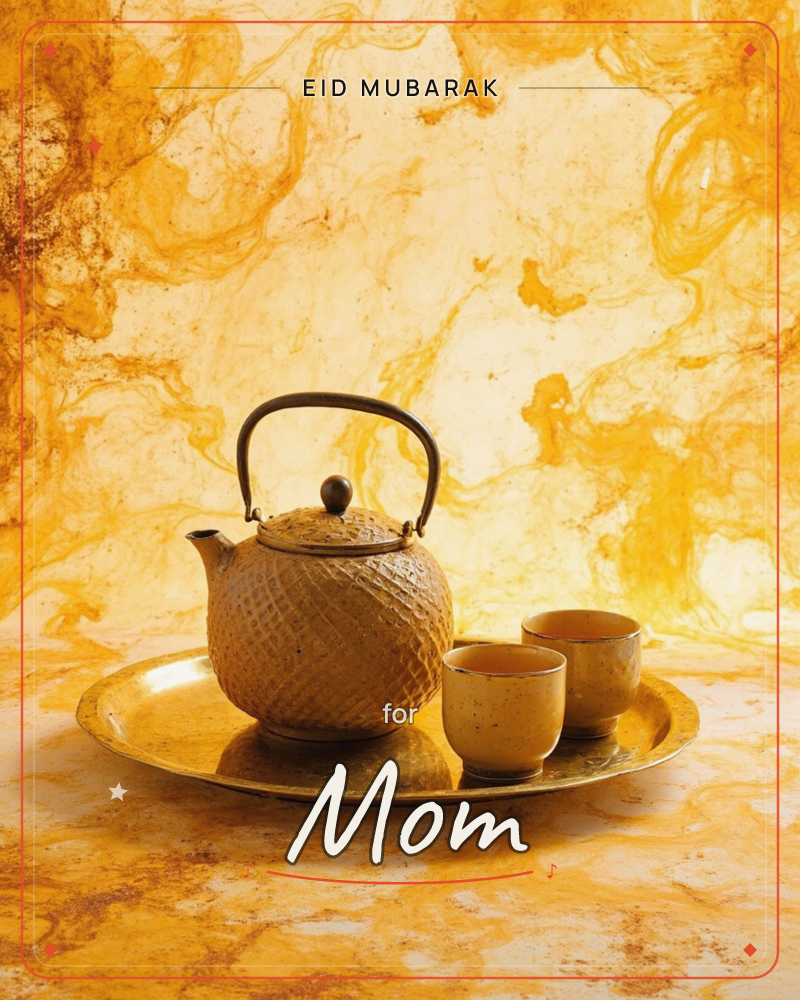 A cast-iron teapot with a textured, diamond-patterned body sits on a round brass tray beside two small matching cups, all photographed against a…, a eid e-card design