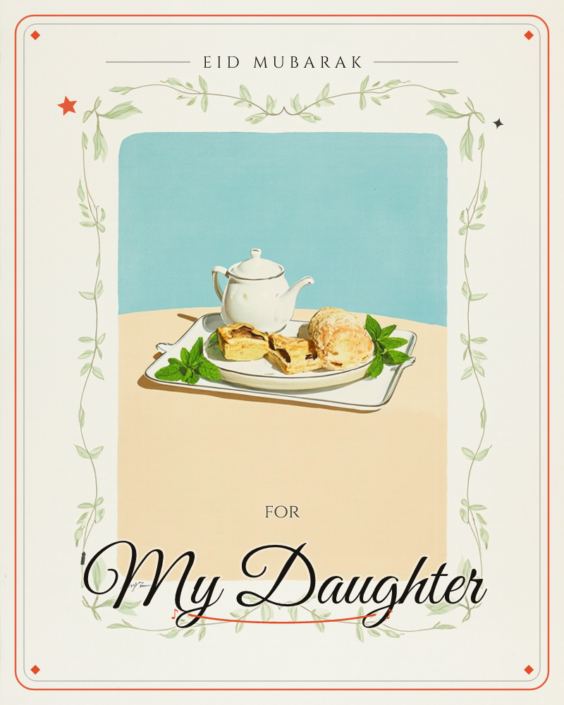 A small white teapot sits beside a plate of sliced pastry, a bread roll, and a scatter of fresh mint leaves, all arranged on a rectangular white tray, a eid e-card design