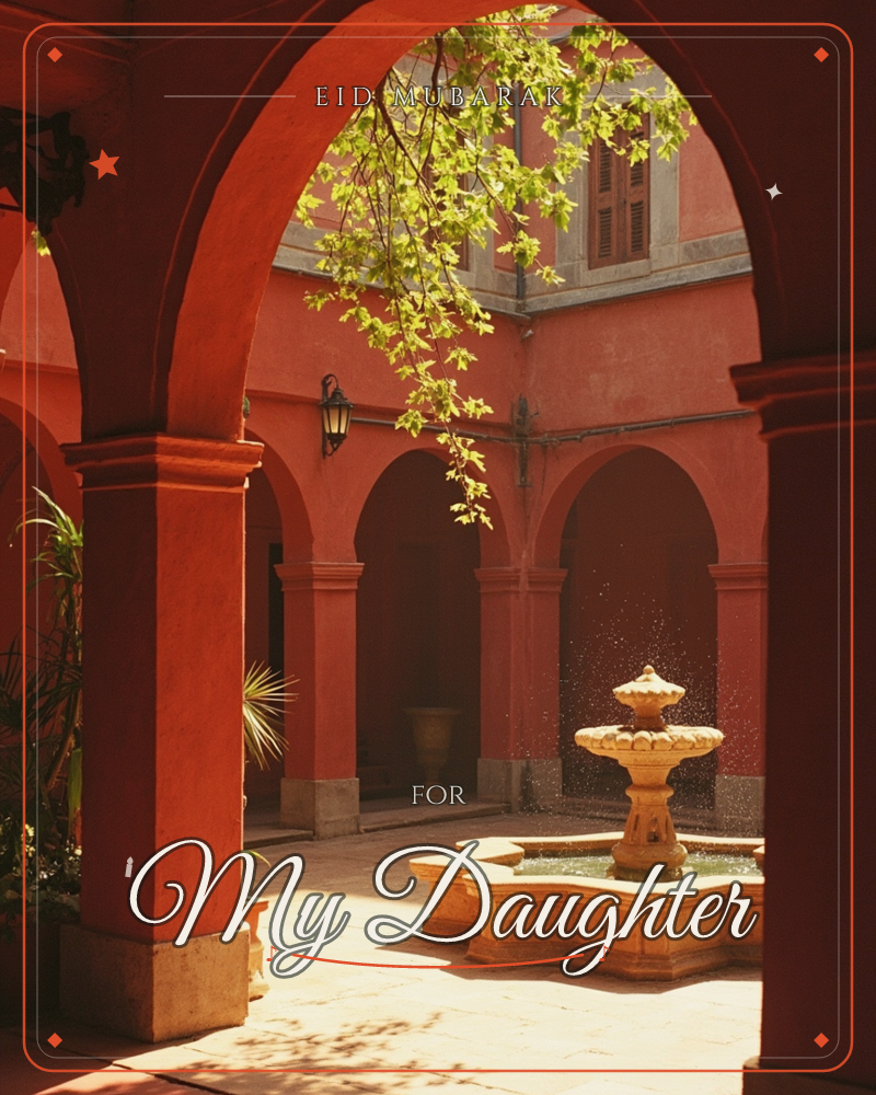 A sunlit courtyard glows deep terracotta red, its stone arches framing a tiered fountain sending up a fine spray of water, a eid e-card design