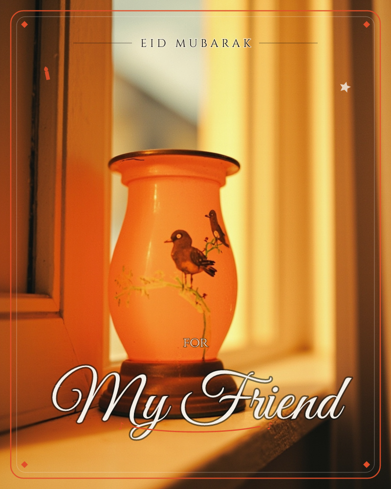 A small glass vase painted with two perched birds glows amber on a windowsill, lit from within so the warm light spills through its curved sides, a eid e-card design