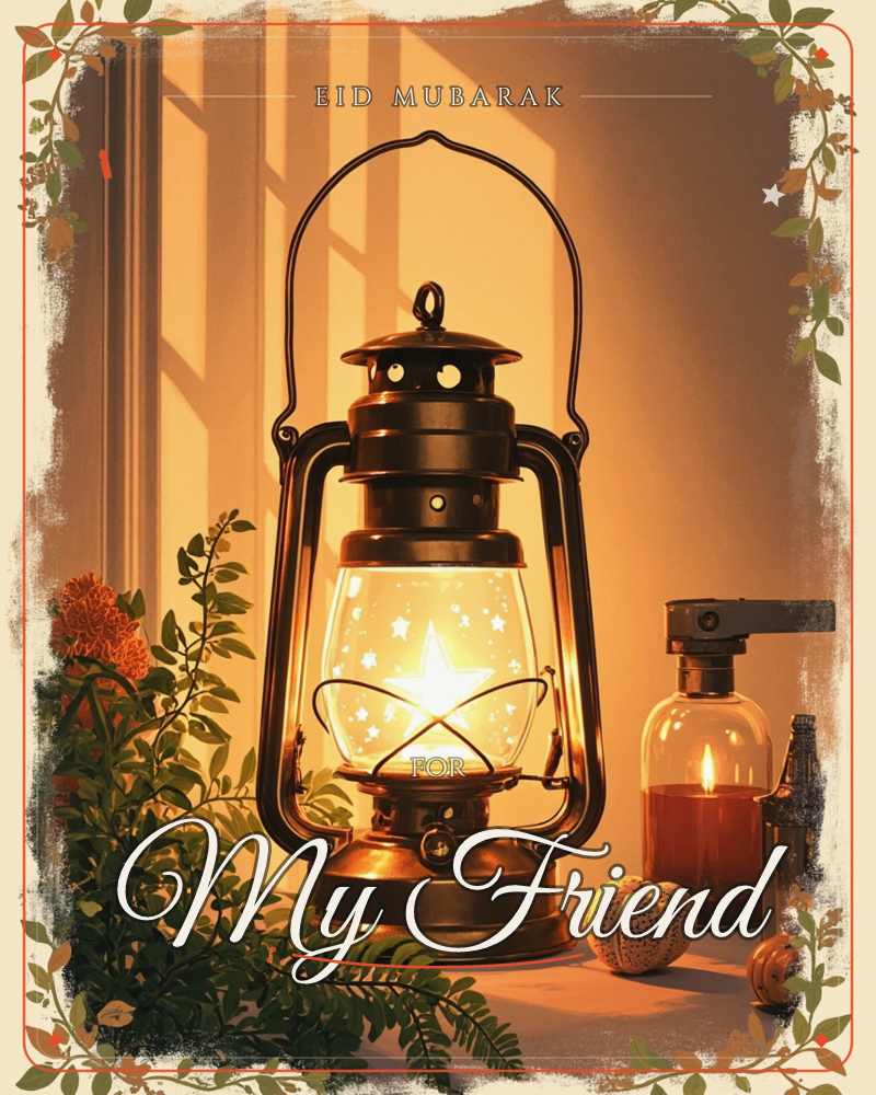 A vintage brass lantern glows with a warm star-shaped light at the centre of the card, its metal casting long shadows across an amber-lit wall, a eid e-card design