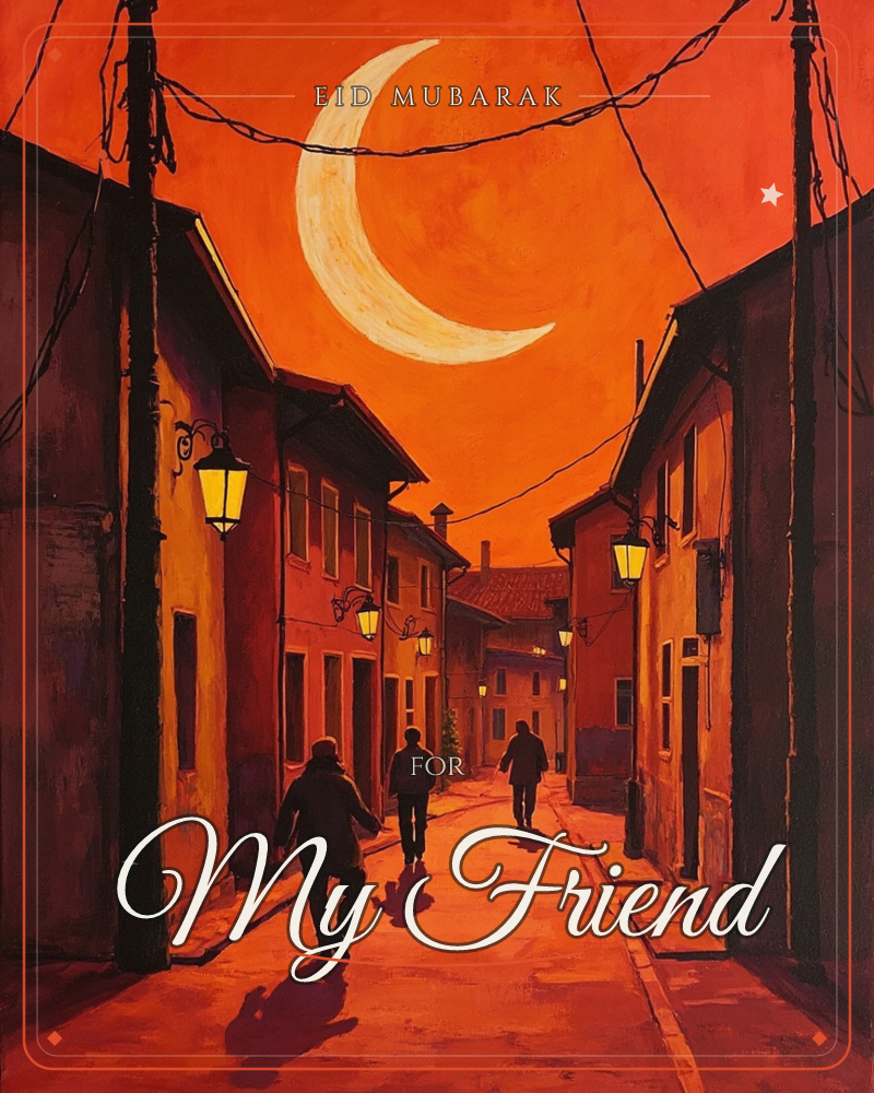 A narrow village street glows in deep orange and red under a burning sky, with a huge crescent moon suspended above tangled overhead wires, a eid e-card design