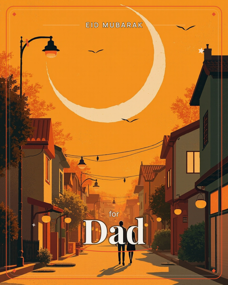 A quiet street glows entirely in warm orange, with a huge crescent moon rising above rows of townhouses strung with lantern lights, a eid e-card design